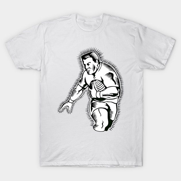 Rugby Winger With Ball Woodcut  Retro T-Shirt by retrovectors